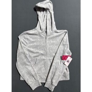 Juicy Couture Velour Zip Up Hoodie Gray Diamond Ice Logo Crown‎ Size L New